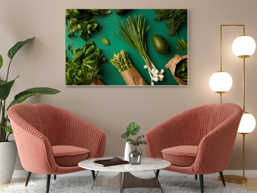 top view of various ripe vegetables on green surface