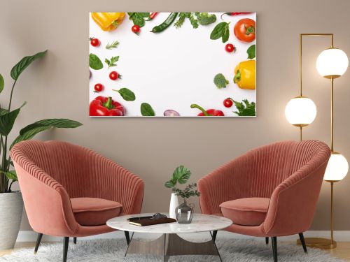 Flat lay with organic vegetables on white background