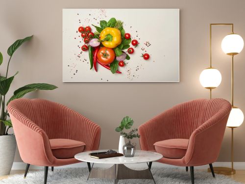 Top view of fresh vegetables and spices on grey background