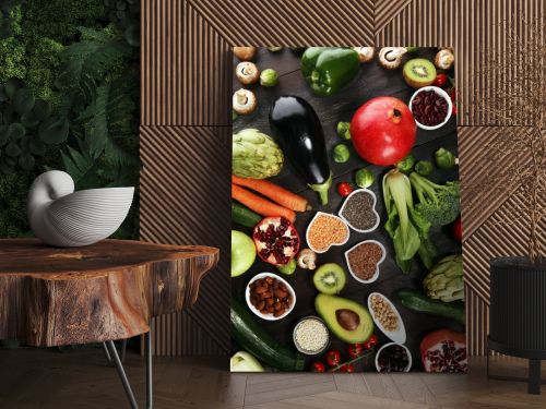 Healthy food clean eating selection. fruit, vegetable, seeds, superfood, cereals, leaf vegetable. veggie or vegan food