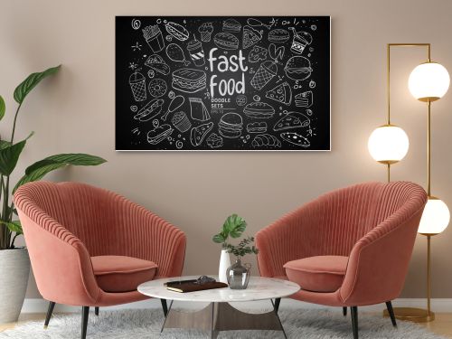 Hand drawn sketch of fast food with lettering. Doodle set, vector illustration.