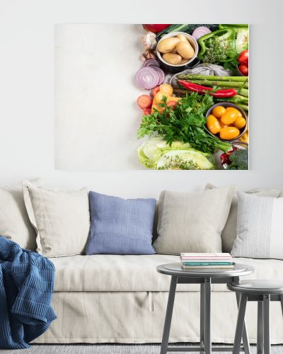Healthy food clean eating selection: fruit, vegetable, seeds, superfood, cereal, leaf vegetable on a white background. Top view.