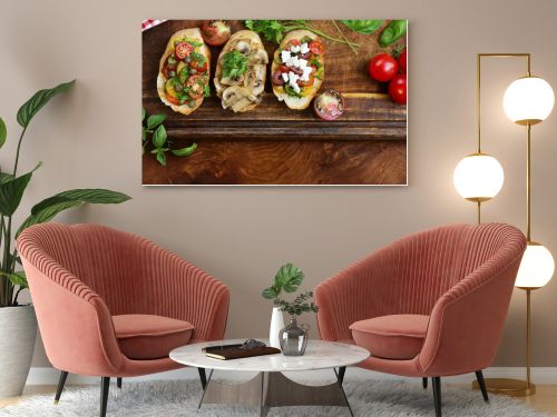 assorted bruschetta with tomatoes, mushrooms and cheese