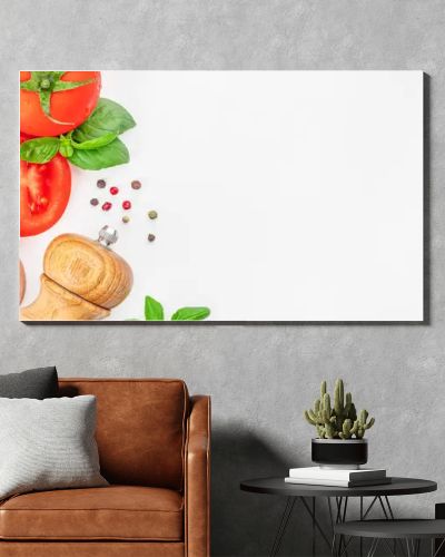 Composition with ingredients for cooking on table on a white background top view. copy space.