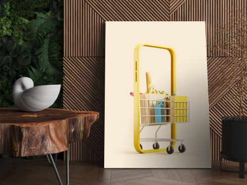 Smartphone and shopping cart with products in paper bag, light beige background. Concept of delivery and online order. 3D rendering