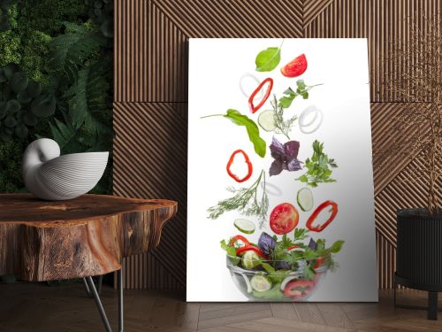 Falling vegetables for salad isolated on white