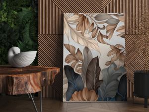 Wallpaper with brown and gold leaves. Light gray marble background. Photo wallpaper in a modern style.