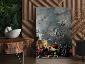 Rustic still life with wine, cheese, grapes, and assorted fruits displayed on a wooden table against a textured wall.