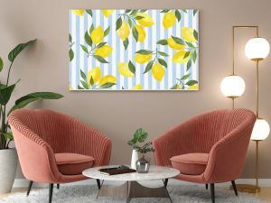 Lemon summer pattern on blue stripes background