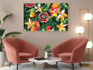 A colorful mosaic pattern of tropical fruits like guava, starfruit, and papaya, arranged in a dynamic, repeating design on a dark green background