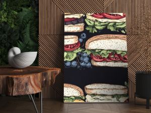 Seamless hand drawn pattern of sandwich borders featuring various ingredients perfect for culinary design and packaging