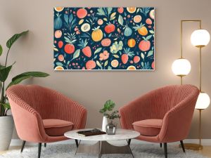 A vibrant floral pattern featuring assorted fruits and foliage against a dark background, ideal for textile and wallpaper designs.