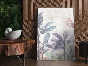 Tropical trees wallpaper design, banana leaf, landscape, pastel tones, mural art.