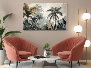 Watercolor pattern wallpaper. Painting of a jungle landscape.