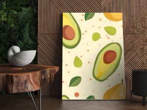 A colorful pattern featuring illustrated avocados and pears on a pastel background perfect for a vibrant design concept. 