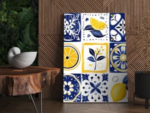 A seamless pattern of hand-painted ceramic tiles featuring lemons and Mediterranean motifs.