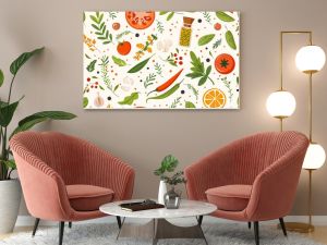 Flat design of kitchen ingredients like herbs and spices in a seamless pattern for culinary themes.