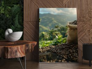 Coffee bean bag in focus. A high-quality photo of a coffee bean bag with a blurred coffee plantation background.