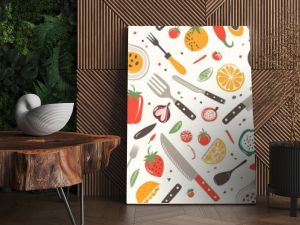 Flat design of kitchen utensils and food items in a seamless pattern, ideal for culinary themes.