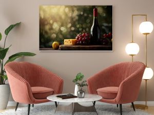 Elegant still life with wine bottle, cheese, grapes, and fruit on wooden board in natural light.