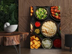 A vibrant assortment of different cuisine dishes perfect for festive gatherings and culinary celebrations. Design for Wall Art, Poster Print, Wallpaper & Background