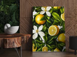 Seamless botanical pattern featuring vibrant yellow lemons with rich green leaves and delicate white blossoms, ideal for fabric prints, wallpaper, and home decor designs