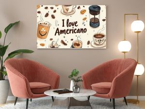 Seamless pattern featuring coffee cups, beans, and the phrase 'I love Americano' in an artistic style