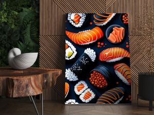 Hand-painted sushi pattern, seamless background, flat design illustration