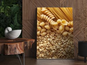 Wallpaper featuring a background of cereal showcases raw pasta, blending the textures and visuals of cereal and uncooked pasta in a unique design for a captivating effect.