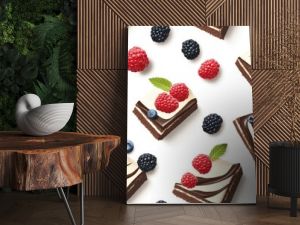 Seamless pattern featuring slices of chocolate cake topped with fresh berries on a clean white background perfect for designs and culinary themes