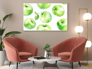 Hand drawn watercolor painting of green apples on a white background vibrant seamless pattern design