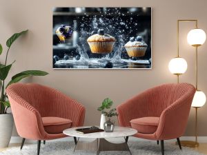 A Close-up of a Blueberry Muffin Suspended in Mid-Air, Surrounded by Water Droplets and Powdered Sugar, with a Blurred Background of a Kitchen