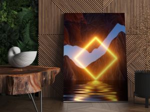 3d rendering, seascape with cliffs, water and yellow neon square geometric shape. Modern minimal abstract background. Spiritual zen wallpaper with sunset or sunrise light