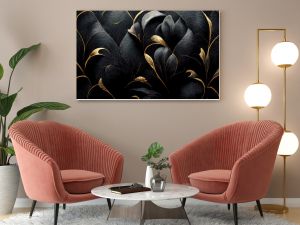 Black and gold, luxury background, floral shapes, black silk texture with golden motifs, 4k abstract luxurious design, 3D render, 3D illustration