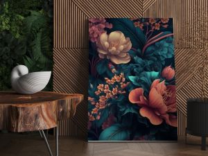 Dark floral background wallpaper design with multicolor flowers and leaves