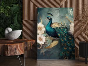 modern interior mural painting wall art decor abstraction wallpaper with white, dark green and golden tropical palm leaf branches and flowers with feathers peacock bird 