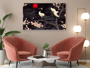 Oriental ornament with cranes and decorative elements of bonsai and cherry blossoms.