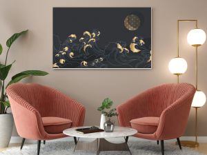 vector illustration of an abstract background Japanese  golden wave in dark night with half moon 