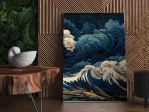 Japanese illustration of great ocean waves as wallpaper