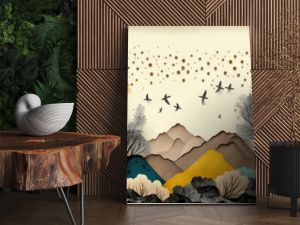 Brown trees with golden flowers and turquoise, black and gray mountains in light yellow background with white clouds and birds. 3d illustration wallpaper landscape art