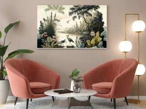 Vintage wallpaper featuring a forest landscape with lake, vegetation, trees, birds and herons.