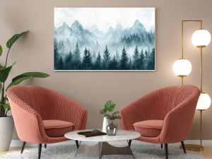 Watercolor of landscape forest misty mountains horizon and fog and hills,pine tree fir tree,Autumn forest background,drawn by hand,Autumn illustration design elements for landscape,wallpaper.