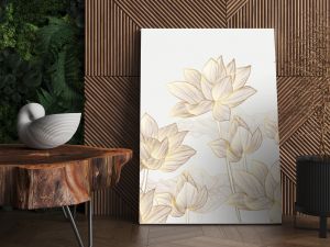 Luxury wallpaper design with Golden lotus and natural background. Lotus line arts design for wall arts, fabric, prints and background texture, Vector illustration.