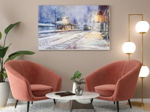 Gentle watercolor of a quiet, snowy railroad station with a diesel train parked, the tranquil scene illuminated by soft station lighting