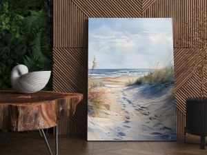 Realistic Sea beach background in watercolor style pink, blue beige pastel color, muted tones. Painting of sand dunes, path with foot step & sea. Sea side art banner with copy space.