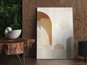 Minimalistic abstract digital painting featuring an earthy toned composition with simple geometric shapes gradients and architectural motifs in a clean Bauhaus inspired layout 