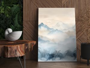 Serene watercolor landscape of misty mountains and palm trees with soft, muted tones, creating a peaceful and tranquil scene.