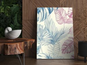 A repeating pattern of detailed botanical line drawings of exotic plants from old-world explorations, colored in subdued tropical hues.