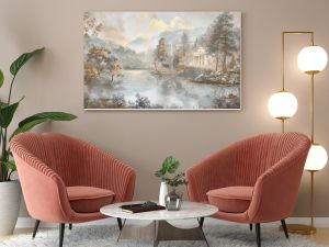 Baroque mural of a countryside scene in muted tones and gold on a soft backdrop