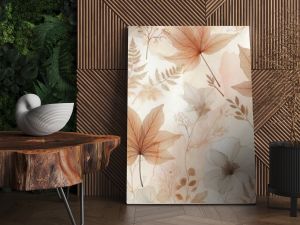 A delicate and airy design featuring translucent, watercolored leaves in soft amber, blush, and ivory tones, floating against a pearlescent background. 